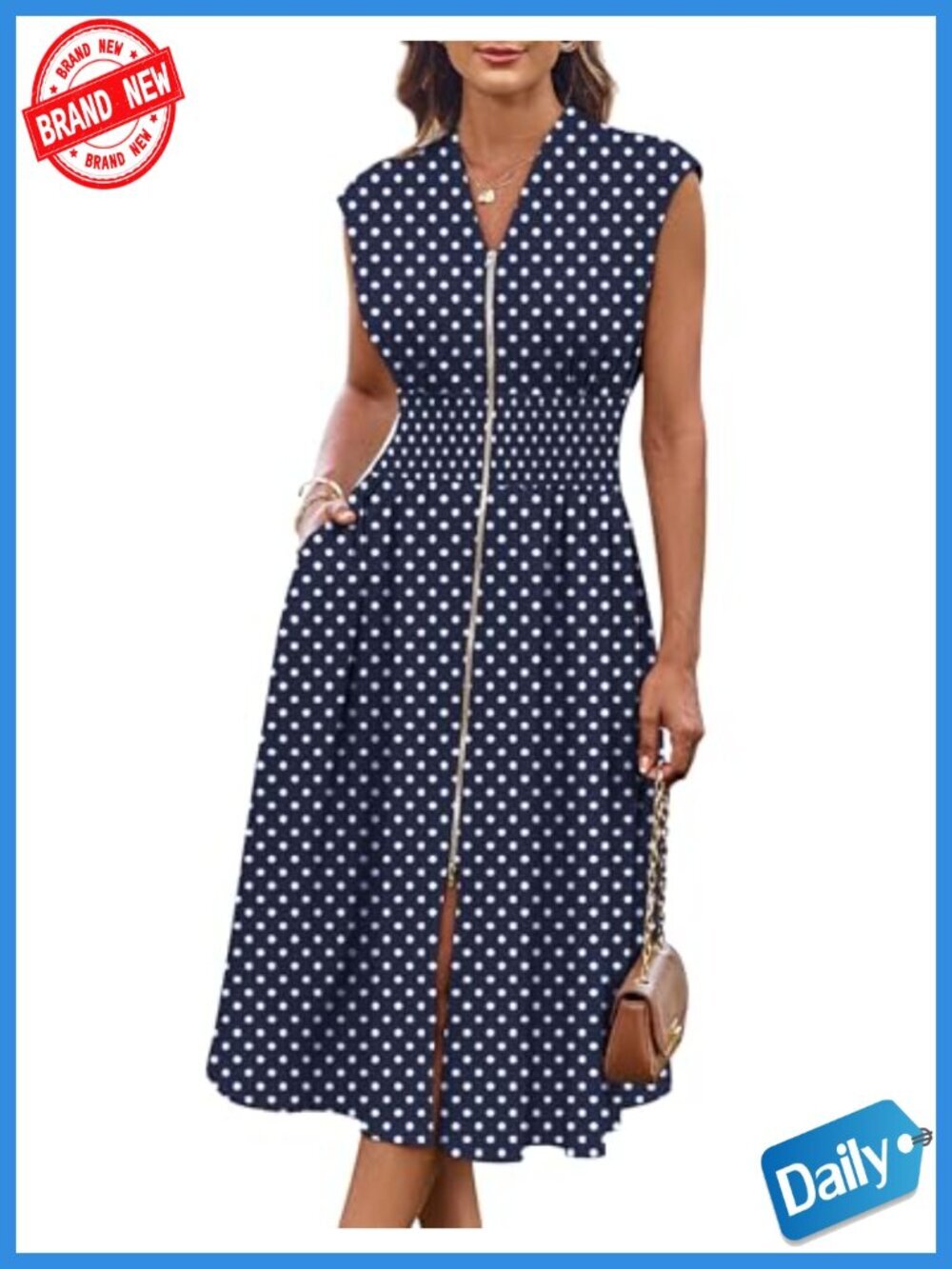 Cap Sleeve Zipper Front Flowy Midi Dress with Pockets Great for Office